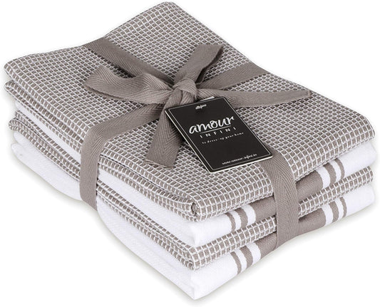 Kitchen Towels|2 Stripe + 2 Waffle Cotton Dish Towels for Drying Dishes|28X20 Inch Kitchen Hand Towels,Tea Towels,Dish Towels for Kitchen|Quick Drying Absorbent Fall Kitchen Towels|Beige